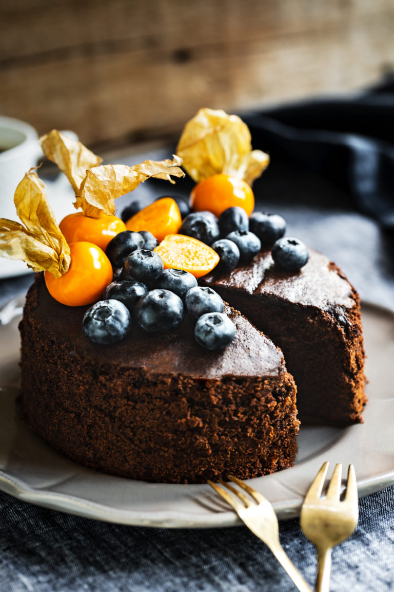Chocolate cake with Blueberries and Gooseberry on top